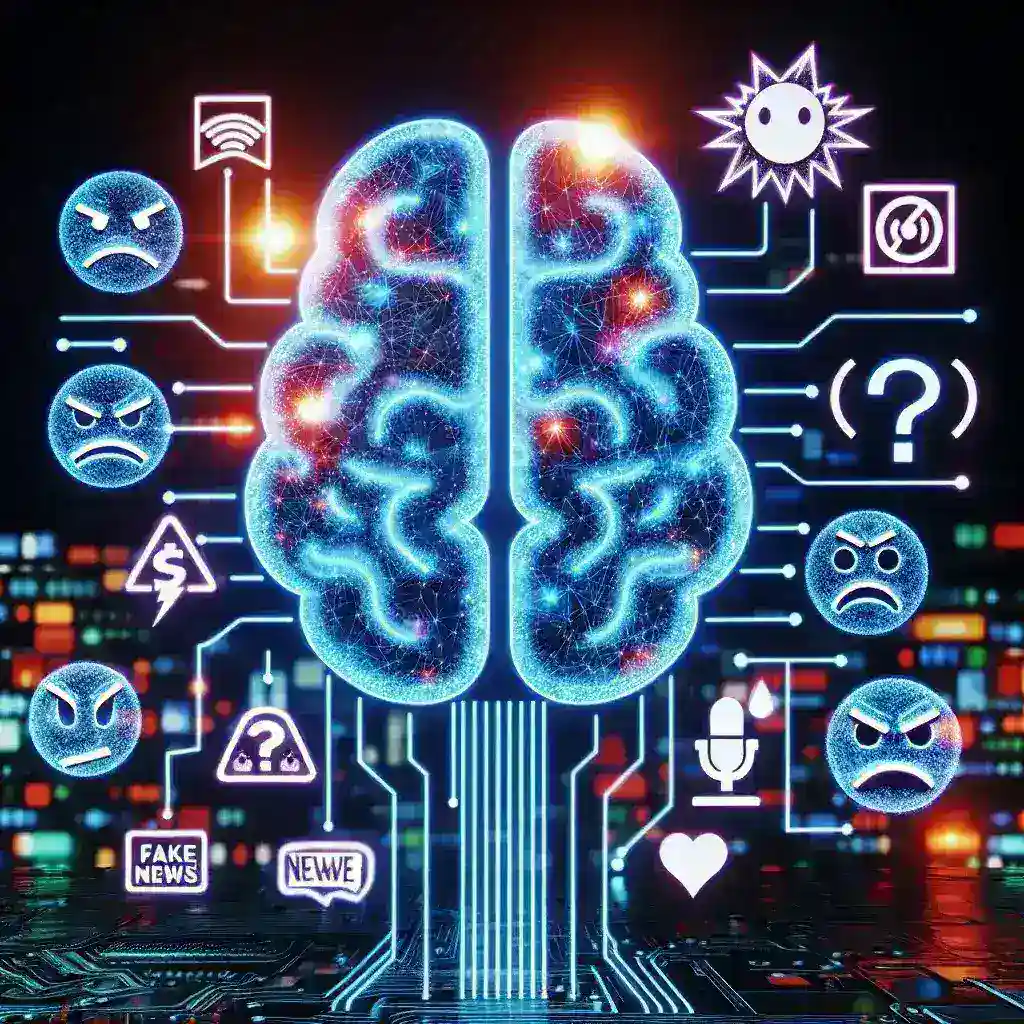 "Ilustrasi AI yang digunakan untuk klasifikasi konten negatif selama kampanye pemilu, menunjukkan algoritma analisis data dan pemrograman komputer."