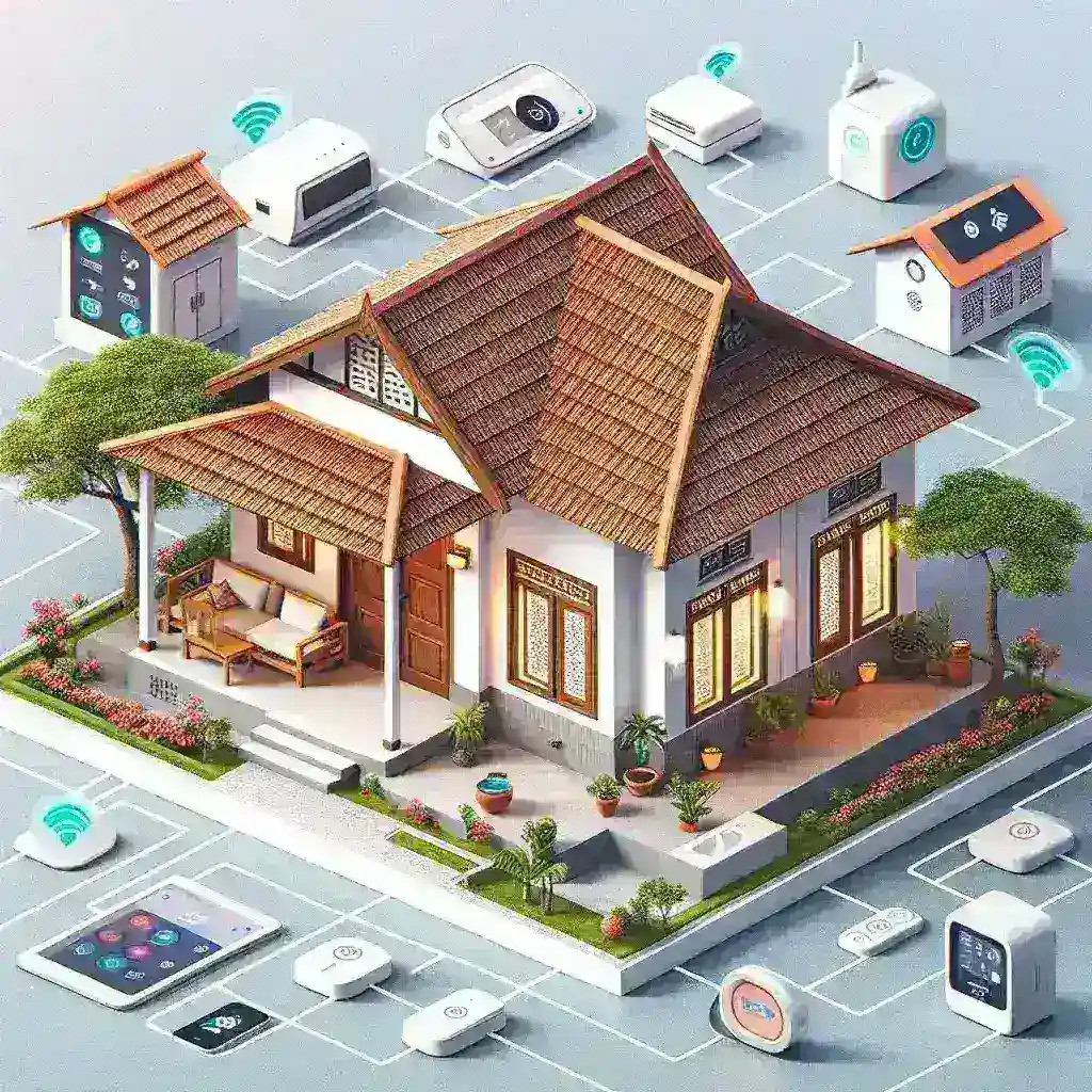 "Ilustrasi rumah pintar terjangkau di Indonesia dengan perangkat teknologi canggih, termasuk lampu pintar dan sistem kontrol otomatis, yang meningkatkan kenyamanan dan efisiensi energi di rumah tangga."